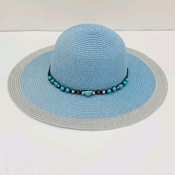 Floppy Hat Color block Blue Silver Shimmer Faux Turquoise Stone Beads - Picture 4 of 7